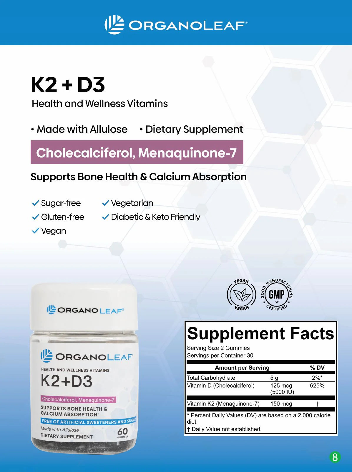 K2+D3 Cholecalciferol & Menaquinone-7 Sugar-Free Gummies